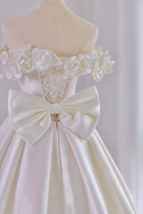 Wedding Dressed With Pockets, White Satin Long Ball Gown, A-Line Flower Wedding Gown with Bow