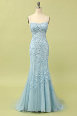 Prom Dress 2045, Mermaid Blue Long Prom Dress Backless Evening Dress
