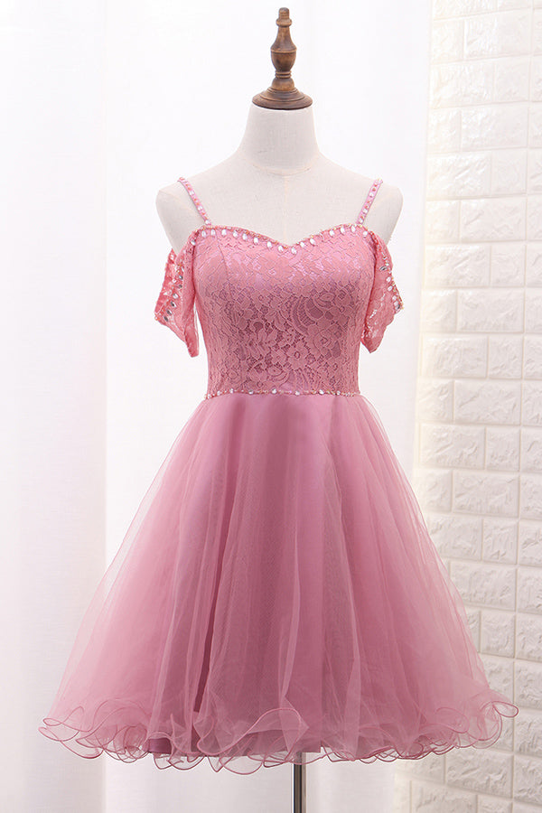Bridesmaid Dress Mismatched, Chic Tulle Lace Spaghetti Strap With Beading Homecoming Dresses