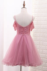 Bridesmaids Dresses Mismatched, Chic Tulle Lace Spaghetti Strap With Beading Homecoming Dresses