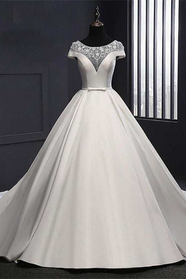 Wedding Dress Satin, Chic Round Neck Lace Satin Short Sleeves Long Ball Gown Wedding Dresses