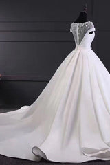 Wedding Dresses Princess, Chic Round Neck Lace Satin Short Sleeves Long Ball Gown Wedding Dresses