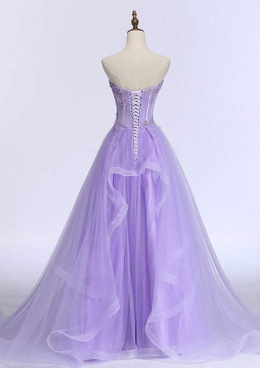 Lilac Prom Dresses, A-line/Princess Sweetheart Sleeveless Sweep Train Tulle Prom Dress With Beading Appliqued