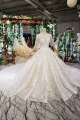 Wedding Dresses Color, Luxury Lace Wedding Dresses Scoop Half Sleeves Appliques Ball Gown