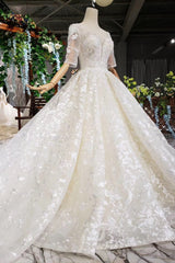Wedding Dresses Colored, Luxury Lace Wedding Dresses Scoop Half Sleeves Appliques Ball Gown