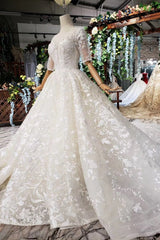 Wedding Dress Colorful, Luxury Lace Wedding Dresses Scoop Half Sleeves Appliques Ball Gown