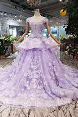 Party Dress Sleeve, Lilac Ball Gown Short Sleeve Prom Dresses with Long Train, Gorgeous Quinceanera Dress