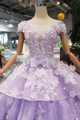Party Dresses For Ladies 2045, Lilac Ball Gown Short Sleeve Prom Dresses with Long Train, Gorgeous Quinceanera Dress