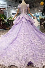 Party Dress With Sleeves, Lilac Ball Gown Short Sleeve Prom Dresses with Long Train, Gorgeous Quinceanera Dress