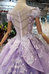 Party Dress Mid Length, Lilac Ball Gown Short Sleeve Prom Dresses with Long Train, Gorgeous Quinceanera Dress