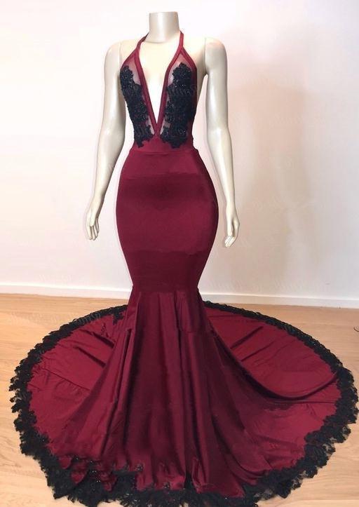 Bridesmaid Dress Spring, Sexy Mermaid V Neck Backless Burgundy And Black Long Prom Dress 2024