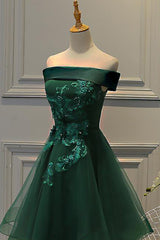Bridesmaids Dresses Wedding, Dark Green Strapless A Line Appliques Tulle Homecoming Dresses