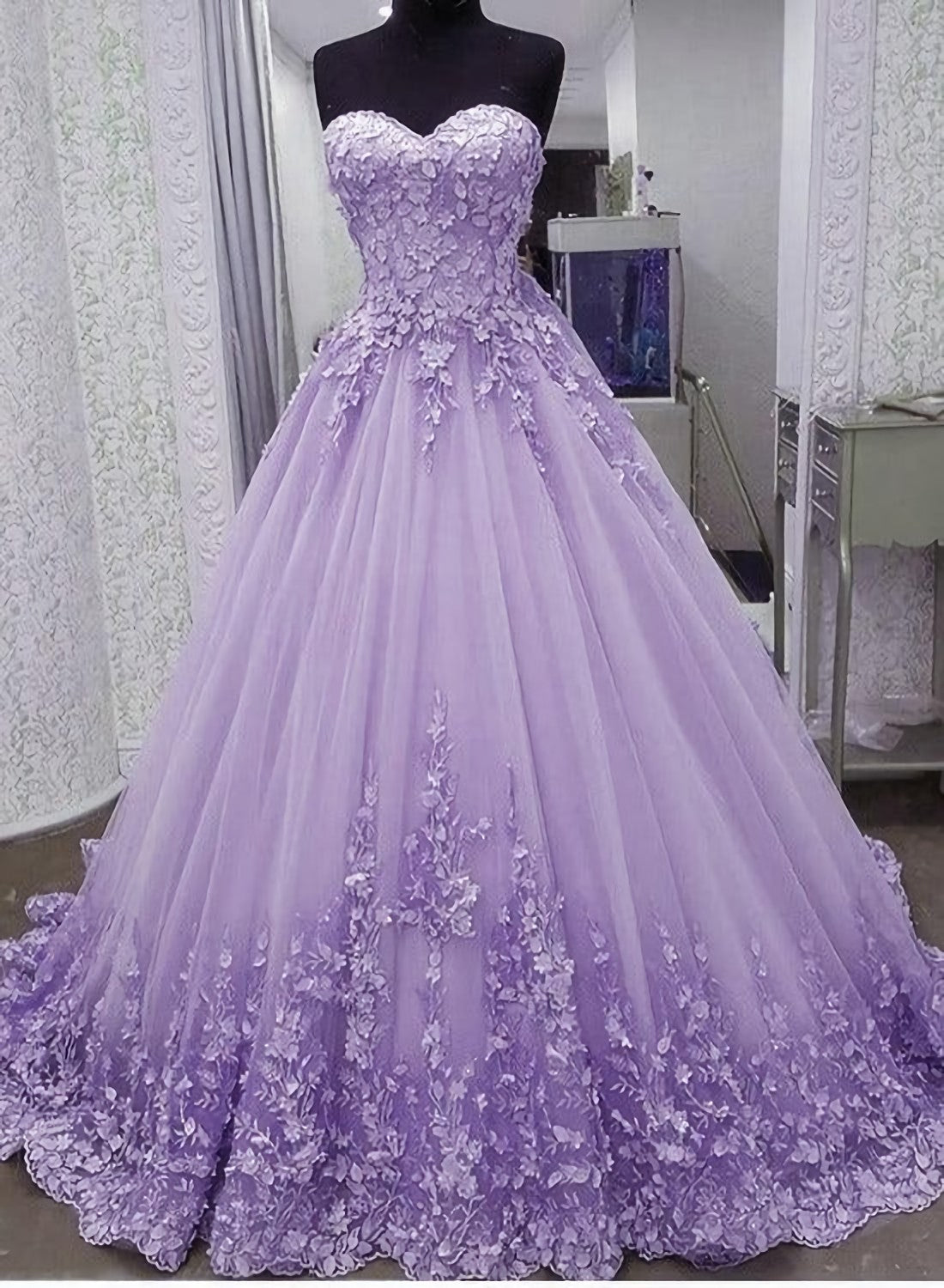 Formal Dresses On Sale, Light Purple Tulle With Flowers Lace Ball Gown Sweet 16 Gown Long Evening Dresses