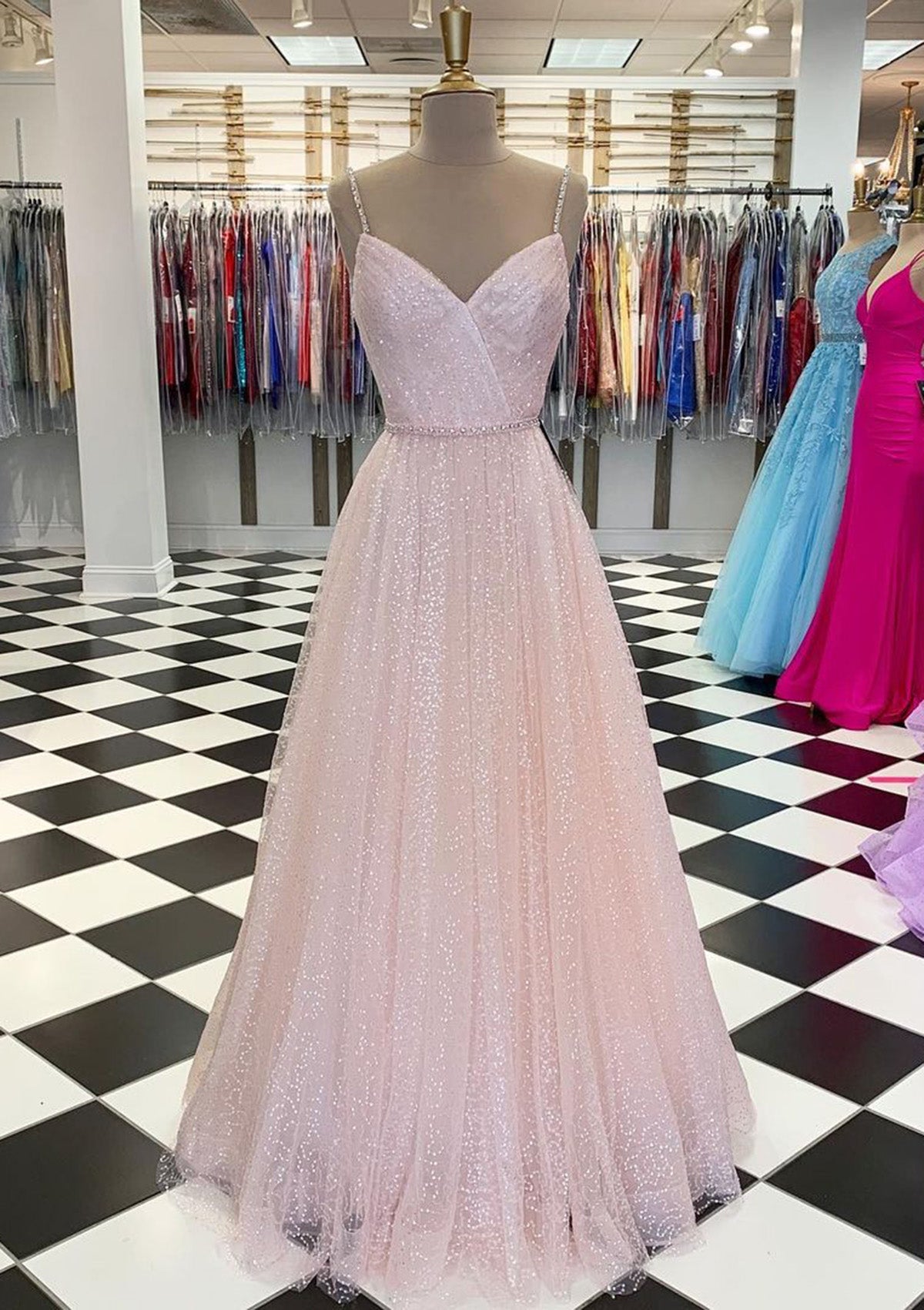 Lavender Prom Dresses, A-line V Neck Spaghetti Straps Long/Floor-Length Tulle Prom Dress With Beading Sequins