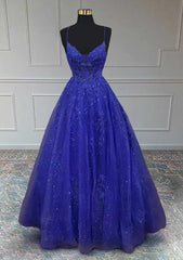 Royal Blue Prom Dresses, A-line V Neck Spaghetti Straps Long/Floor-Length Tulle Prom Dress With Appliqued Beading Glitter