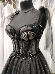 Evening Dresses Vintage, Tulle Black Prom Dress, Off Shoulder A-Line Party Dress Elegant Evening Dress