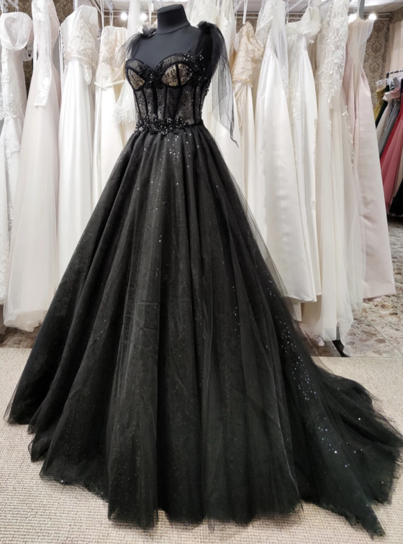 Evening Dresses Lace, Tulle Black Prom Dress, Off Shoulder A-Line Party Dress Elegant Evening Dress