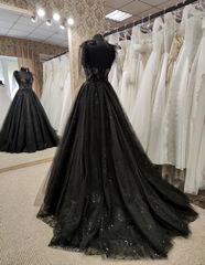 Evening Dresses Ball Gown, Tulle Black Prom Dress, Off Shoulder A-Line Party Dress Elegant Evening Dress
