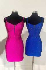 Party Dresses 2040, Royal Blue Beaded Sheath Deep V Neck Homecoming Dress