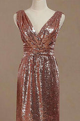 Party Dresses Shorts, Rose Gold Sequin V-Neck Backless Short Bridesmaid Dress