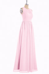 Pink Prom Dress, Pink Chiffon Halter Cutout Back A-Line Long Bridesmaid Dress