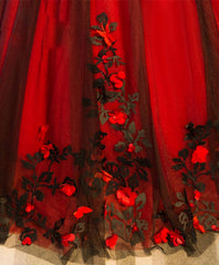 Formal Dresses Fashion, Burgundy Round Neck Tulle Lace Applique Long Prom Dress, Burgundy Evening Dress