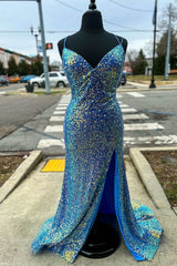 Bridesmaid Dresses, Purple Iridescent Sequin Empire Waist Lace-Up Mermaid Long Dress with Slit