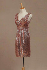 Party Dress Classy, Rose Gold Sequin V-Neck Backless Short Bridesmaid Dress