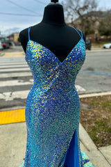 Bridesmaids Dress Convertible, Purple Iridescent Sequin Empire Waist Lace-Up Mermaid Long Dress with Slit
