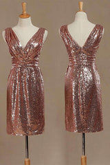 Party Dresses Outfits, Rose Gold Sequin V-Neck Backless Short Bridesmaid Dress