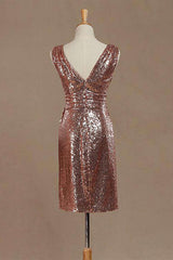 Party Dresses Outfit, Rose Gold Sequin V-Neck Backless Short Bridesmaid Dress