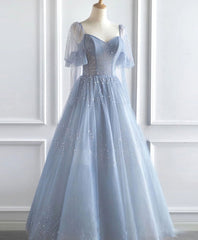 Prom Dresses Prom Dress, Blue V Neck Tulle Sequin Long Prom Dress, Blue Tulle Formal Dress, 1