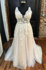 Wedding Dresse Boho, Ivory Appliques V-Neck Backless A-Line Long Wedding Dress