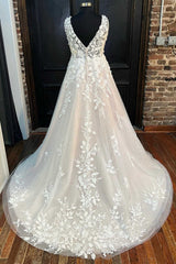 Weddings Dresses Beach, Ivory Appliques V-Neck Backless A-Line Long Wedding Dress