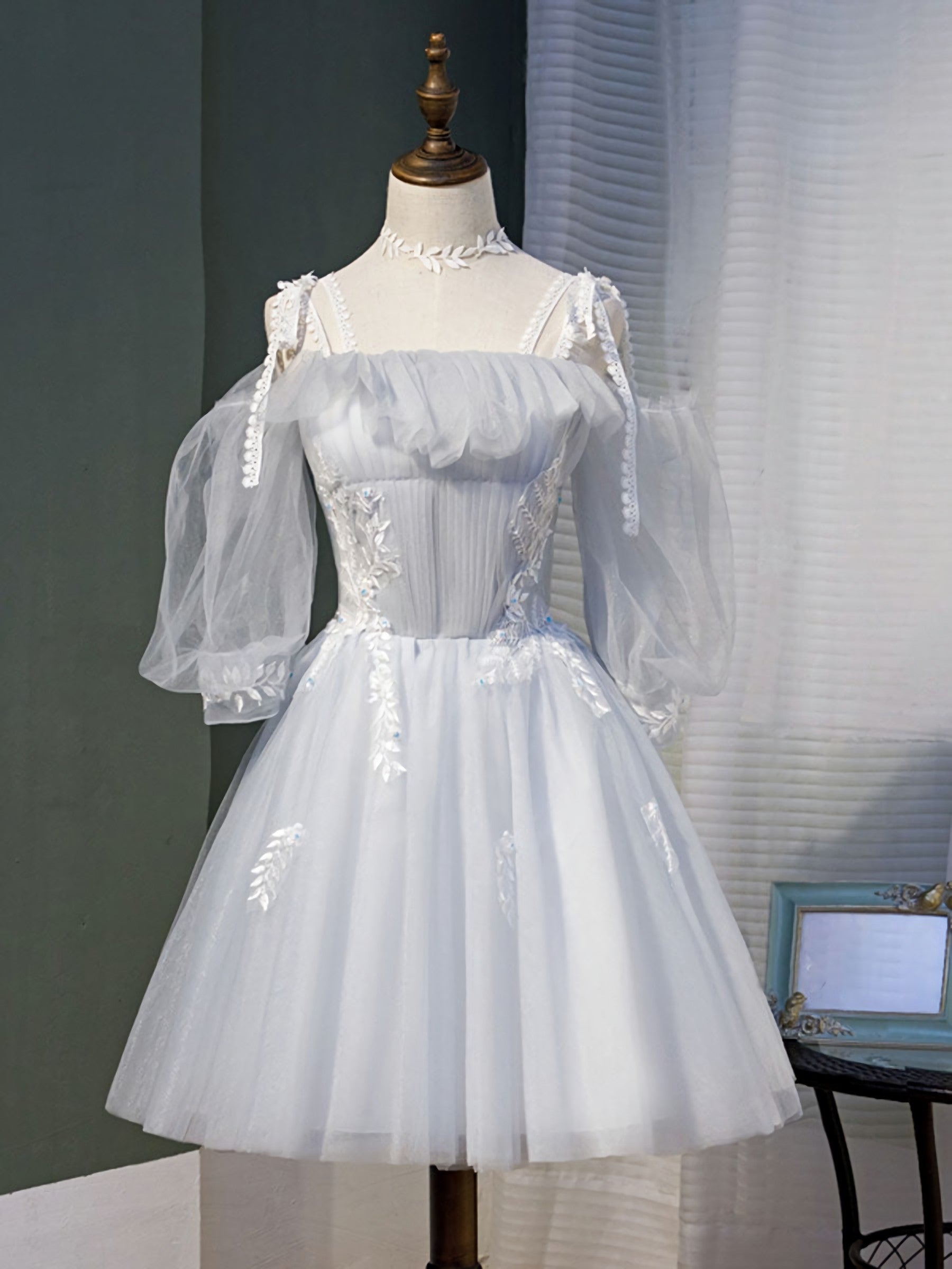 Satin Bridesmaid Dress, Gray Tulle Lace Short Prom Dress, Gray Tulle Homecoming Dress