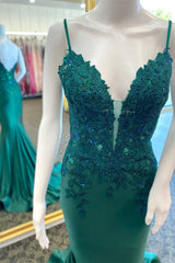 Long Prom Dress, Hunter Green Floral Plunging V Mermaid Long Prom Dress