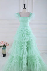 Prom Dress2041, Mint Green Floral A-line Layers Long Prom Dress with Feather