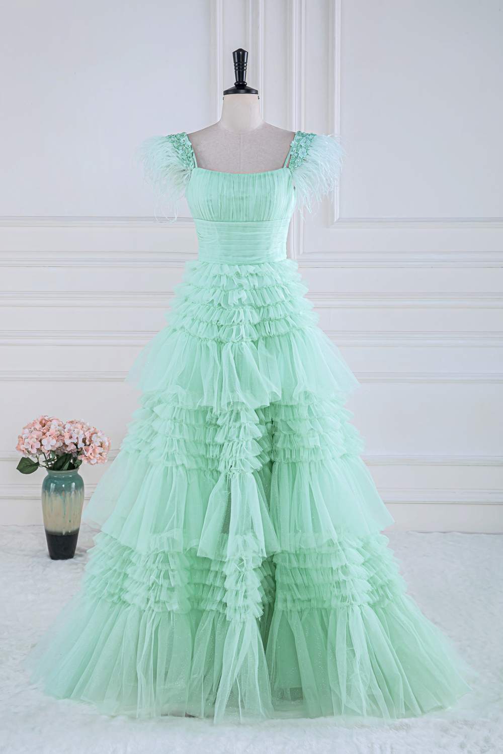 Prom Dress On Sale, Mint Green Floral A-line Layers Long Prom Dress with Feather