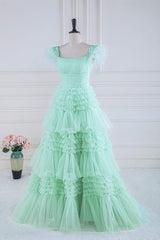 Prom Dressed 2041, Mint Green Floral A-line Layers Long Prom Dress with Feather