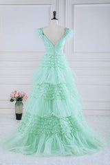 Prom Dresses2041, Mint Green Floral A-line Layers Long Prom Dress with Feather
