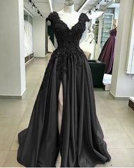 Evening Dresses Cheap, Lace Flowers Beaded Cap Sleeves V Neck Prom Dresses, Split Evening Gowns