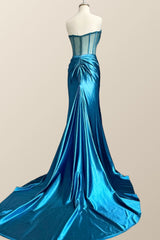 Prom Dresses Ball Gown Elegant, Ruched Cowl Neck Blue Satin Mermaid Formal Dress