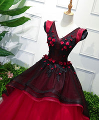 Prom Dresses With Slit, Unique Burgundy V Neck Tulle Long Prom Dress, Burgundy Evening Dress