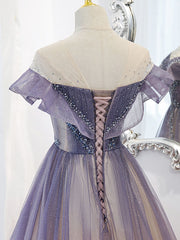 Evening Dresses Short, Purple Tulle Long Prom Dress, Purple Evening Dress