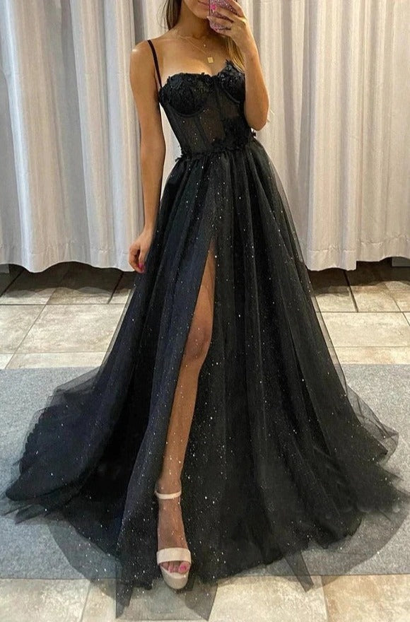 Pink Prom Dress, Black A Line Spaghetti Straps Prom Dresses with Slit, Sparkly Evening Gown