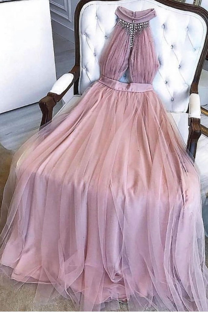 Prom Dresses Sale, A-line Dusty Pink Prom Dresses Long Beading Formal Dresses