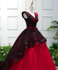 Prom Dresses Black, Unique Burgundy V Neck Tulle Long Prom Dress, Burgundy Evening Dress