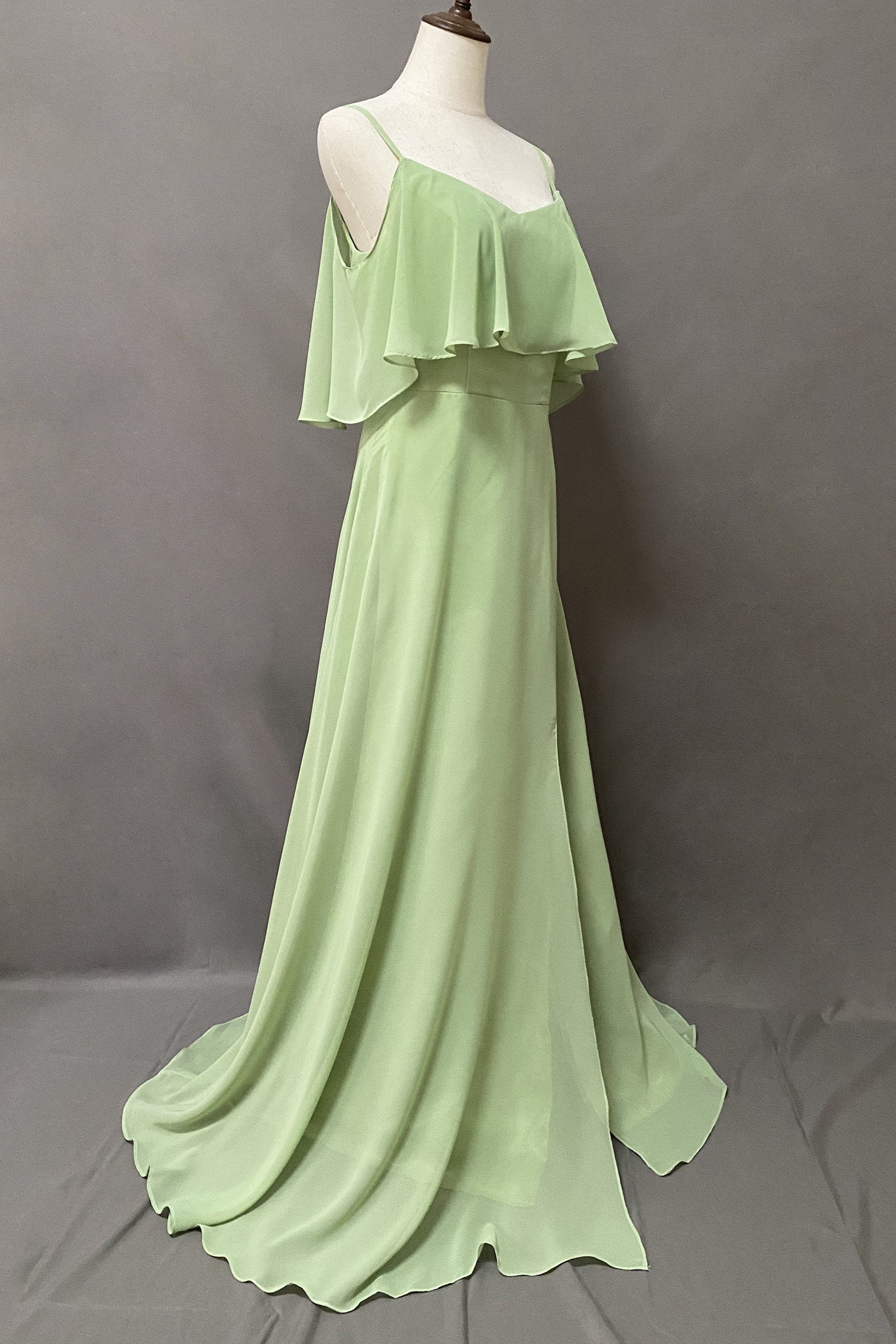 Party Dresses For Short Ladies, Ruffles Sage Green Straps A-Line Long Bridesmaid Dress with Slit