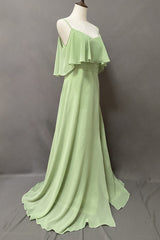 Party Dresses For Short Ladies, Ruffles Sage Green Straps A-Line Long Bridesmaid Dress with Slit