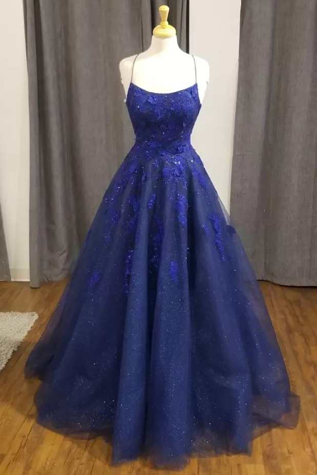 Formal Dresses And Gowns, Sparkles Blue Floral Lace Backless A-Line Prom Dress